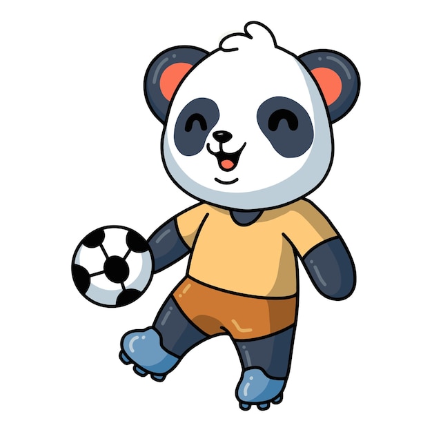 サッカーボールを遊んでかわいい小さなパンダ漫画のイラスト プレミアムベクター