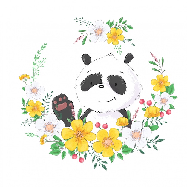 花の花輪でかわいい小さなパンダのイラスト 手描き プレミアムベクター