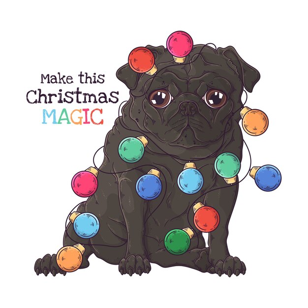 クリスマスの花輪とかわいいパグ犬のイラスト プレミアムベクター