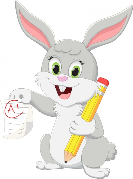 鉛筆と試験紙でかわいいウサギの漫画のキャラクターのイラスト プレミアムベクター