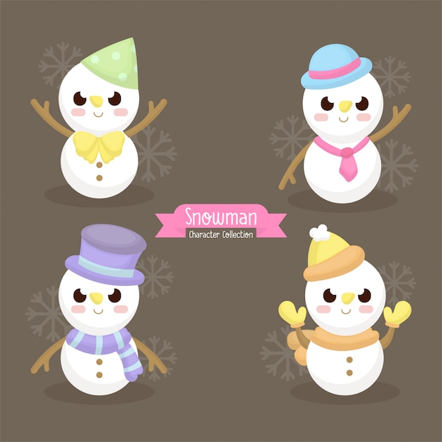 冬と新年のアクセサリー スカーフ 帽子 手袋 かわいい雪だるまのイラスト プレミアムベクター