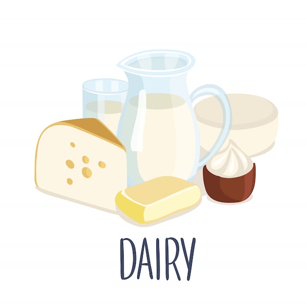 乳製品の生産と手書きのレタリングのイラスト ミルク水差し バター コップ1杯の牛乳 サワークリーム カッテージチーズ チーズ プレミアムベクター