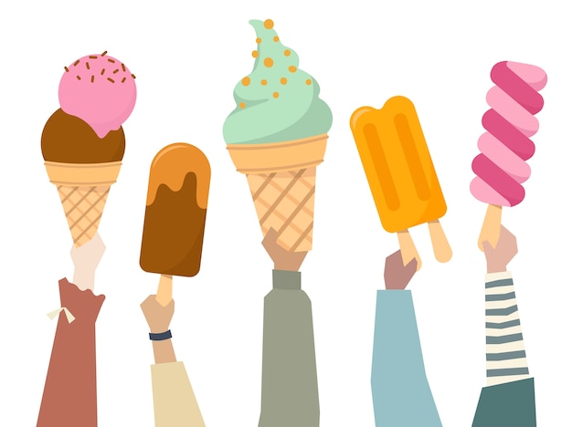 無料のベクター カラフルなアイスクリームを持っている多様な人々のイラスト