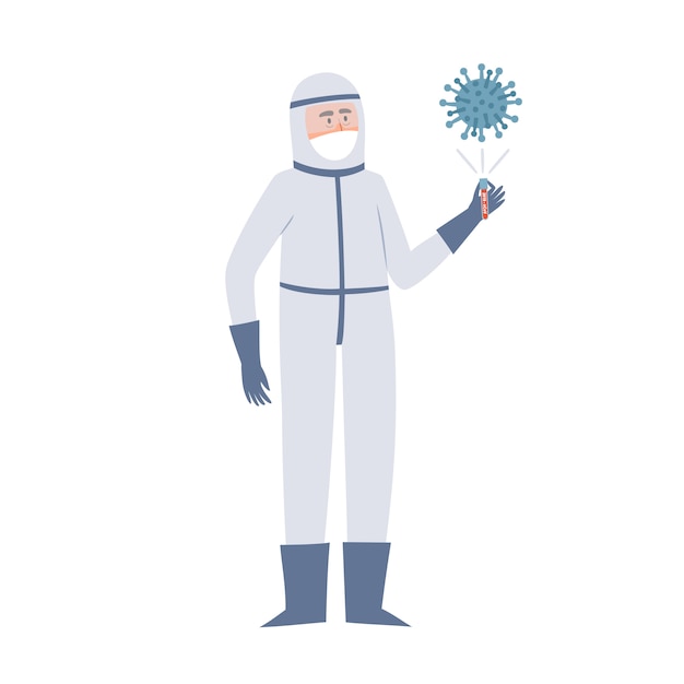 白で隔離防護服の医者のイラスト 都市の大気汚染 空気感染症 コロナウイルスからの保護を身に着けている医療従事者 プレミアムベクター
