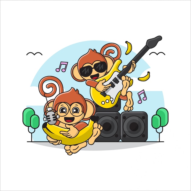 デュオのイラスト グループかわいい猿が音楽を演奏し ギターの器械とバナナで歌う プレミアムベクター