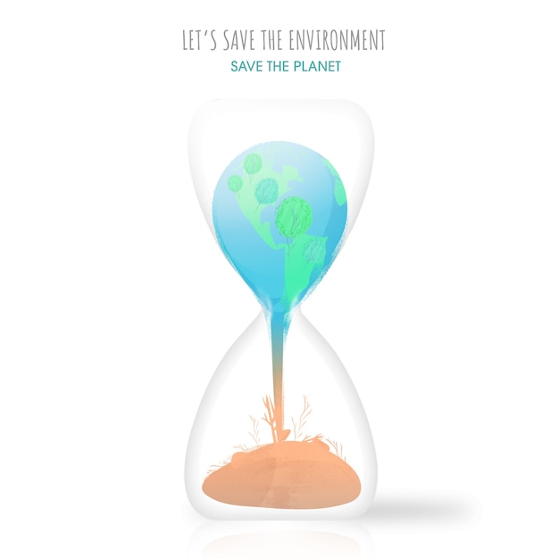 環境と地球を救うために白い背景の砂時計に沈む地球のイラスト プレミアムベクター