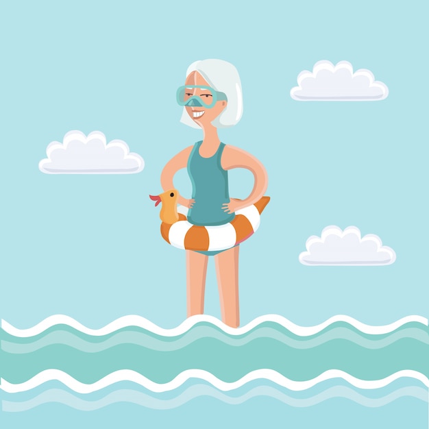 プレミアムベクター 彼女の顔にダイビングマスクと彼の手でダイビングチューブで海の水に立っている高齢者の女性のイラスト