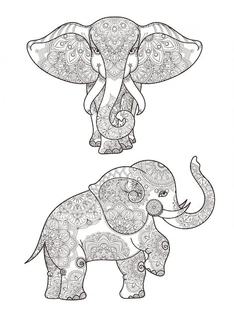 マンダラと象のイラストベクター装飾 象の民族パターンマンダラ装飾 プレミアムベクター