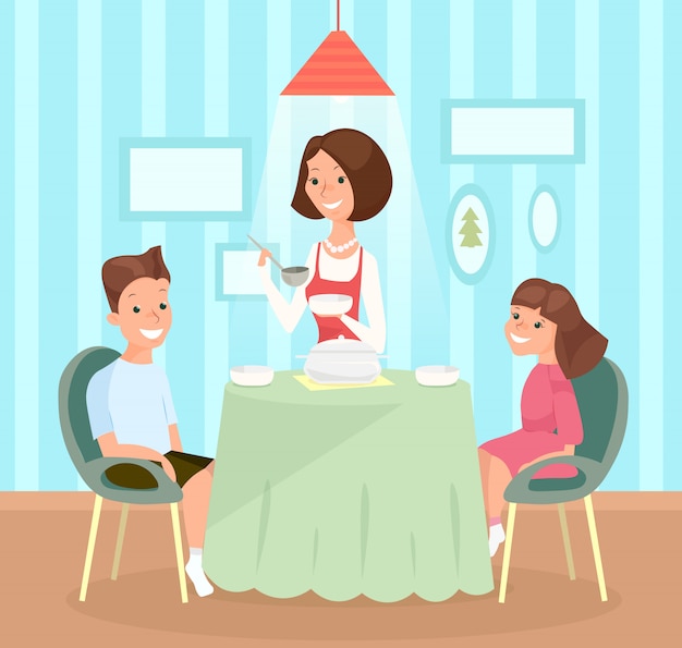 家族の食事のイラスト 母は子供たちの料理にスープを注ぎ テーブルで息子と娘が一緒に昼食をとります プレミアムベクター