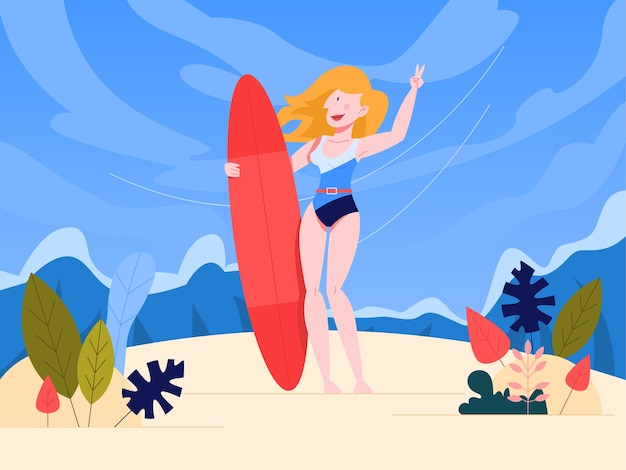 ビーチで女性サーファーのイラスト サーフボードを持って水着の女性 スタイルのイラスト プレミアムベクター