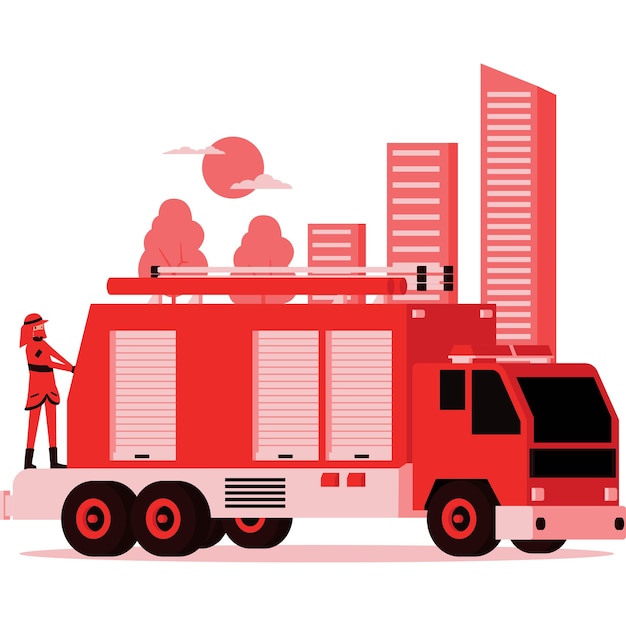 消防車とその上の消防士のイラスト プレミアムベクター