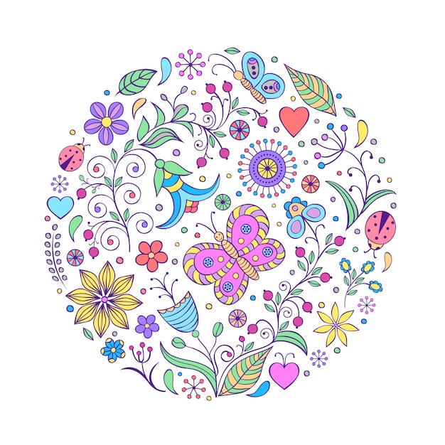 花柄手描きのカラフルなパターンのイラスト プレミアムベクター