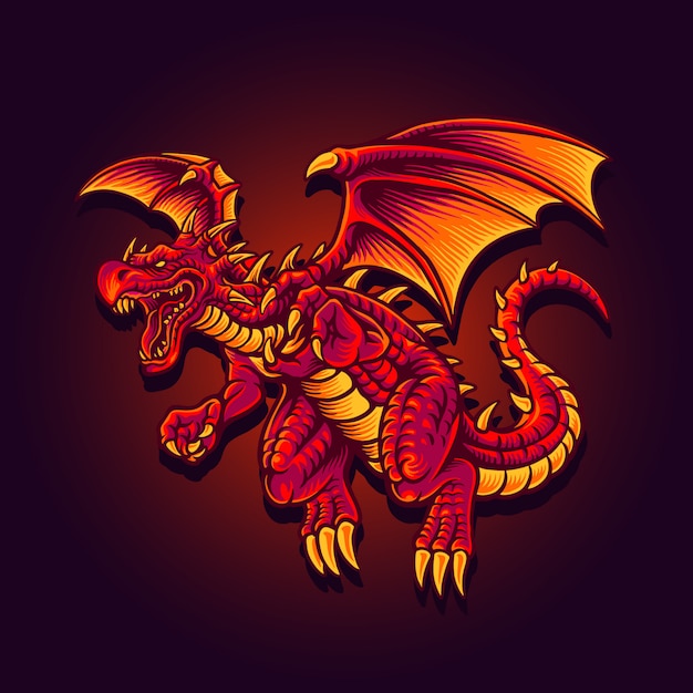 赤いドラゴンのキャラクターの飛行のイラスト プレミアムベクター