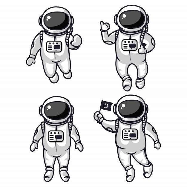 4つのかわいい宇宙飛行士のイラスト プレミアムベクター