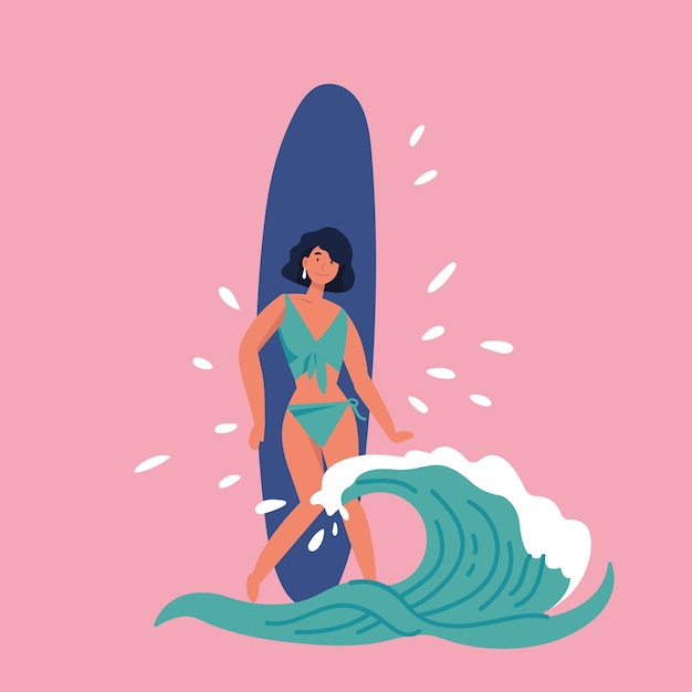 サーフボードと波のカバーで立っている女の子のサーファーのイラスト 夏 プレミアムベクター