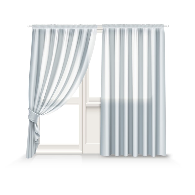 灰色のカーテンのイラストは 白い背景の上の窓とバルコニーのドアに掛かっています プレミアムベクター