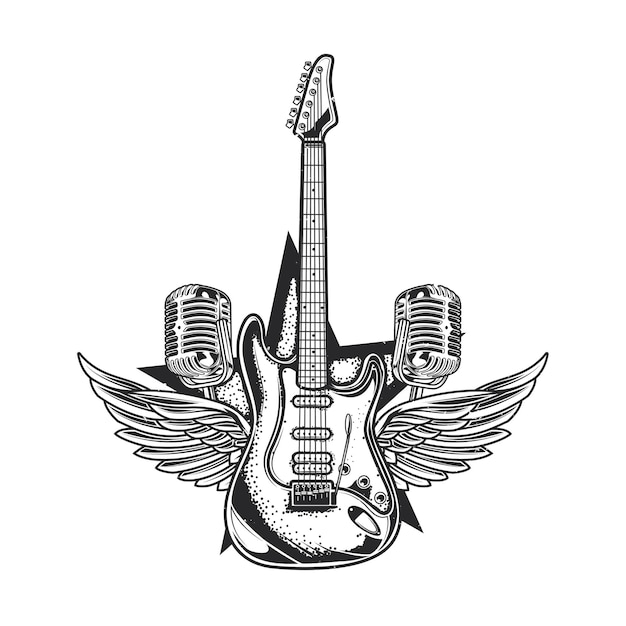 ギター 2つのマイクと翼のイラスト 無料のベクター