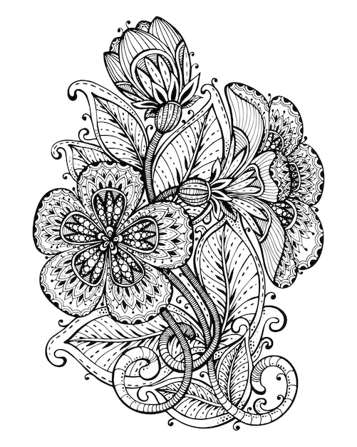 手のイラストは 派手な花の枝と葉を描画します タトゥー 印刷 塗り絵の黒と白のグラフィック 白い背景の上 プレミアムベクター