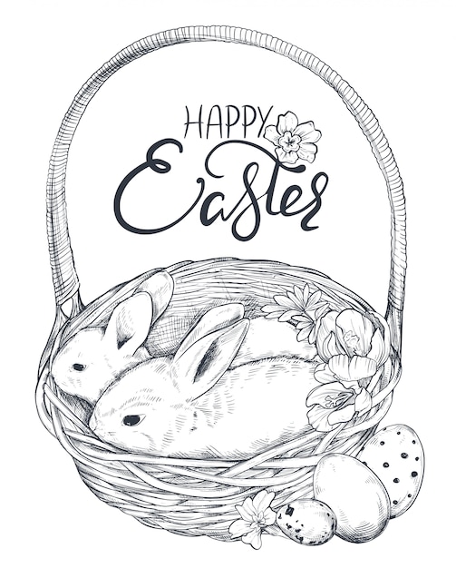プレミアムベクター 手のイラストは 華やかな卵と春の花のバスケットでウサギを描いた