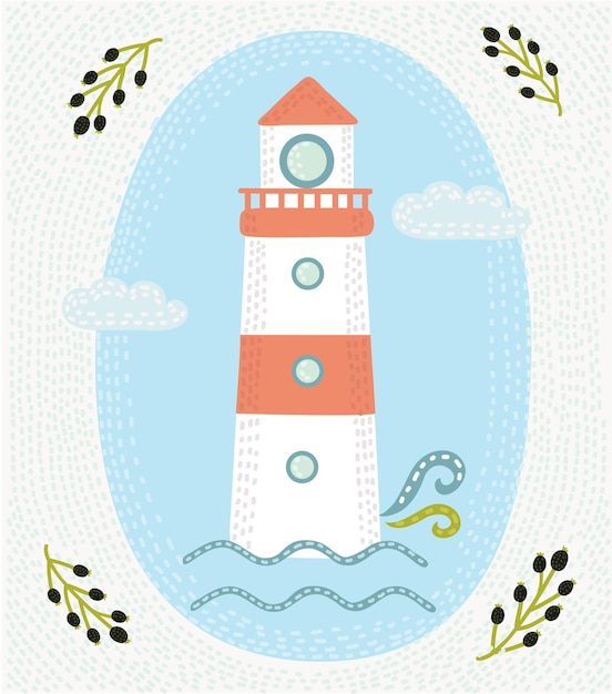 灯台とレタリングと手描きのビンテージラベルのイラスト プレミアムベクター