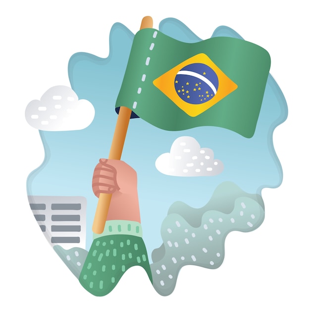 ブラジルの国旗を押しながら掲げた手のイラスト ファン 屋外の背景に愛国心が強い概念 プレミアムベクター
