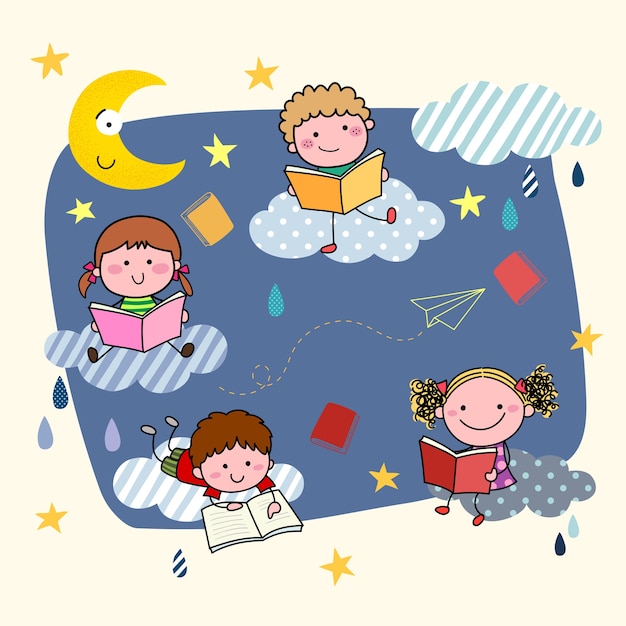夜の雲の上の本を読んで手描き漫画の子供たちのイラスト プレミアムベクター