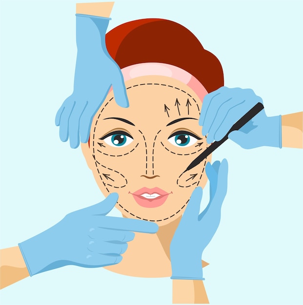 整形手術の描画と女性の顔の近くの手のイラスト プレミアムベクター