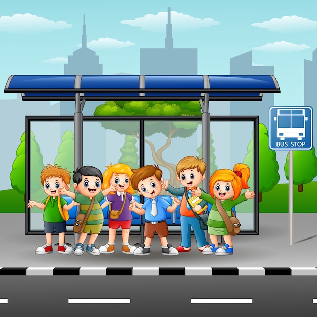 幸せな子供たちのバス停でのイラスト プレミアムベクター