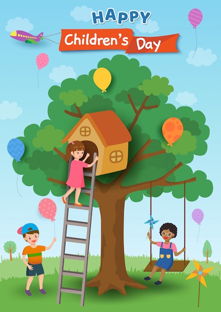 木の家とブランコで遊ぶ子供たちと幸せな子供の日のポスターデザインのイラスト プレミアムベクター