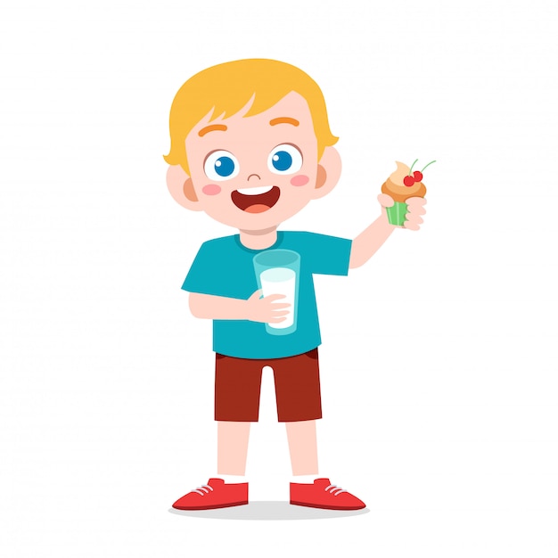 幸せなかわいい男の子が新鮮な牛乳を飲むのイラスト プレミアムベクター