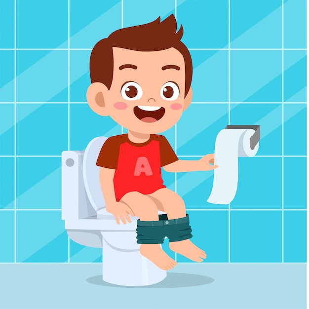 幸せなかわいい男の子のイラストがトイレに座る プレミアムベクター