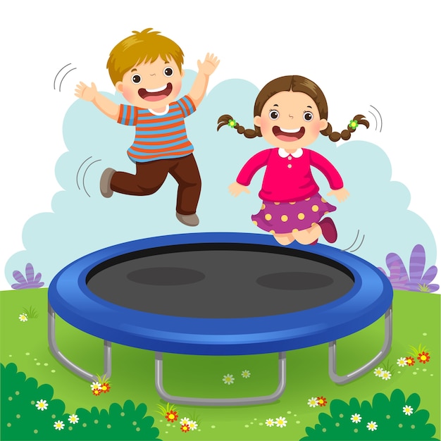 裏庭でトランポリンにジャンプする幸せな子供たちのイラスト プレミアムベクター