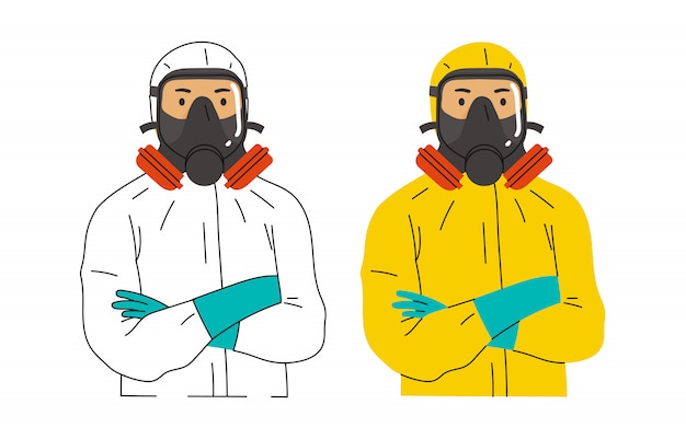 プレミアムベクター 除染スーツとしても知られる危険物スーツまたは危険物スーツを着た医療従事者のイラスト