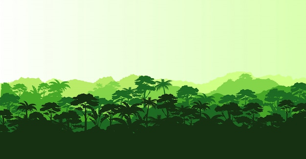 木々や山々 ジャングルのコンセプトとシルエットeで水平パノラマ熱帯熱帯雨林のイラスト プレミアムベクター