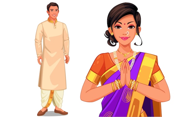 インドの伝統的な衣装でインドのカップルのイラスト プレミアムベクター