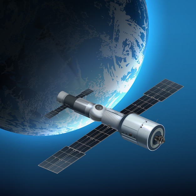 地球上を周回する国際宇宙ステーションのイラスト プレミアムベクター