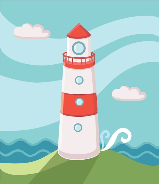 島の灯台の空と波のイラスト プレミアムベクター