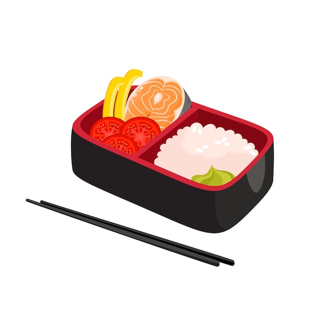 日本のお弁当箱 ご飯 サーモン わさび トマトと伝統的なアジア料理のイラスト プレミアムベクター