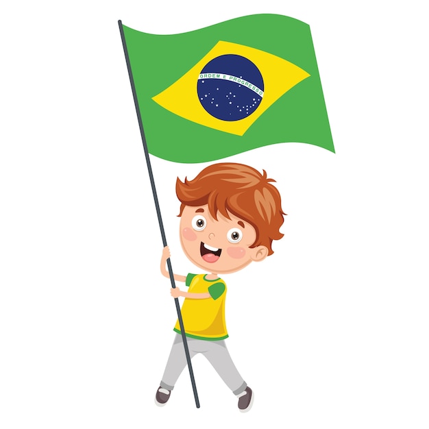 ブラジルの国旗を持っている子供のイラスト プレミアムベクター