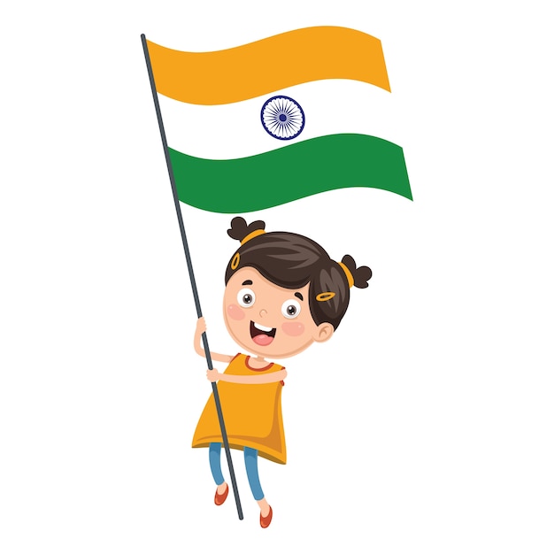 インドの国旗を保持している子供のイラスト プレミアムベクター