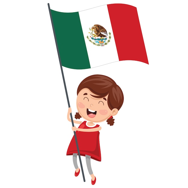 メキシコの国旗を握っている子供のイラスト プレミアムベクター