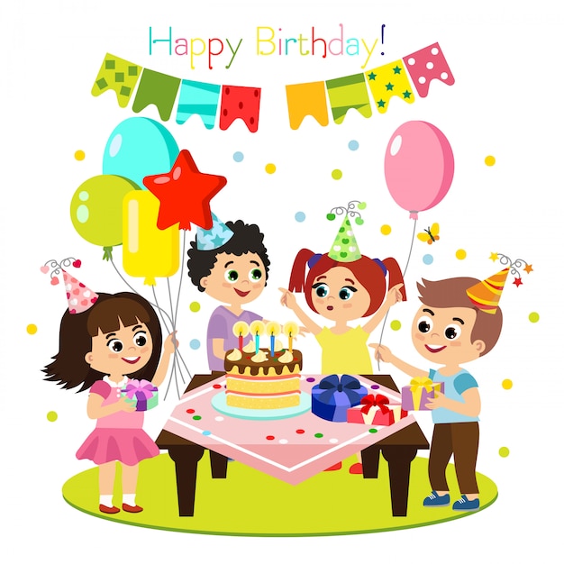 子供たちの誕生日パーティー カラフルで明るい装飾のイラスト 幸せな子供たちが一緒に楽しい フラットの漫画のスタイルで女の子と男の子 プレミアムベクター