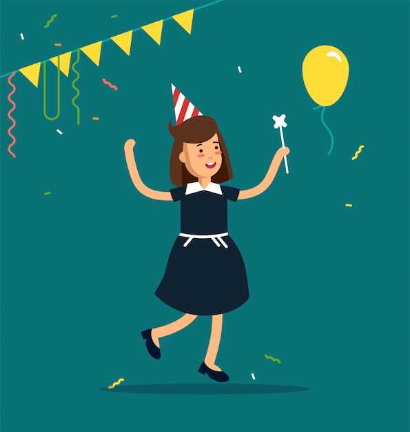 キッズパーティーのイラスト パーティーハット 紙吹雪 風船でジャンプ面白い女の子キャラクター お誕生日おめでとうパーティー プレミアムベクター
