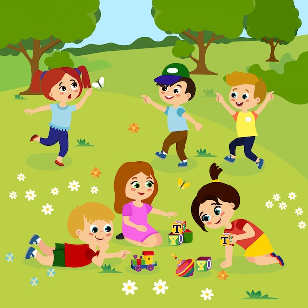 花 木と緑の芝生で外で遊ぶ子供たちのイラスト 漫画のフラットスタイルのおもちゃで庭で遊んでいる幸せな子供たち プレミアムベクター