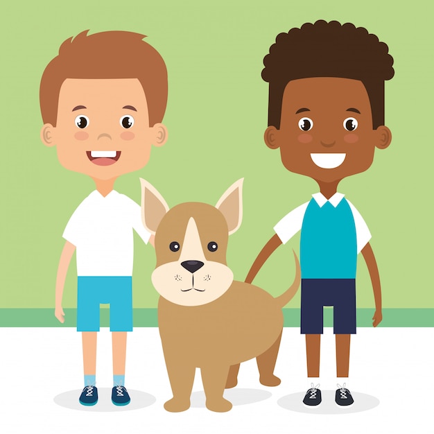 犬のキャラクターと子供たちのイラスト 無料のベクター