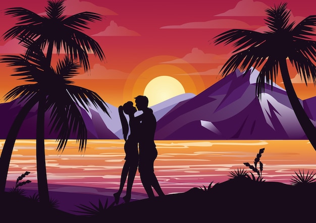 夕日を背景にヤシの木の下のビーチでカップルのシルエットをキスとフラットスタイルの山のイラスト プレミアムベクター
