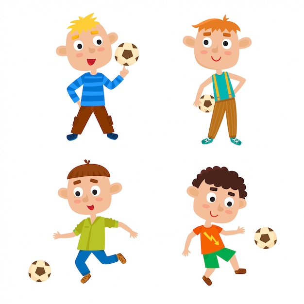 サッカーのトレンディな服の男の子のイラスト 白い背景で隔離のサッカーボールでかわいい漫画の子供たち かなりのフットボール選手 幸せな子供たち サッカーチーム プレミアムベクター