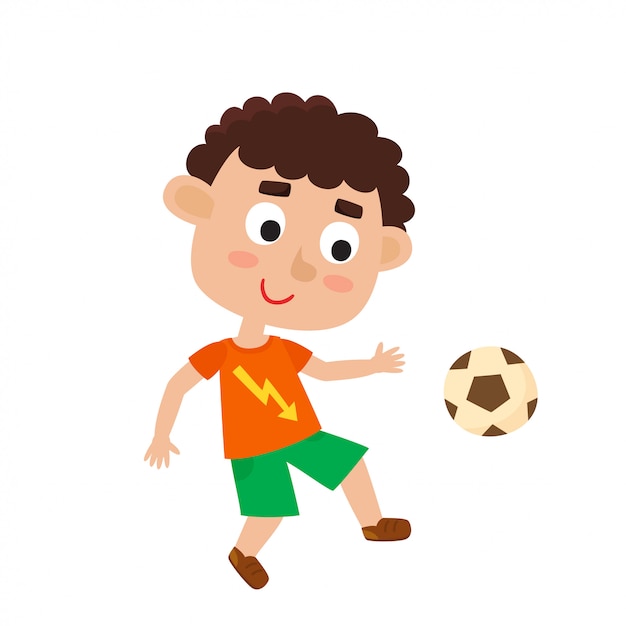 Tシャツとサッカーのショートパンツで縮れ毛の少年のイラスト 分離されたサッカーボールでかわいい漫画の子供 かなりのフットボール選手 幸せな子 プレミアムベクター