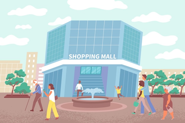 市内のショッピングセンターで買い物をするモールの建物と市民のイラスト 無料のベクター