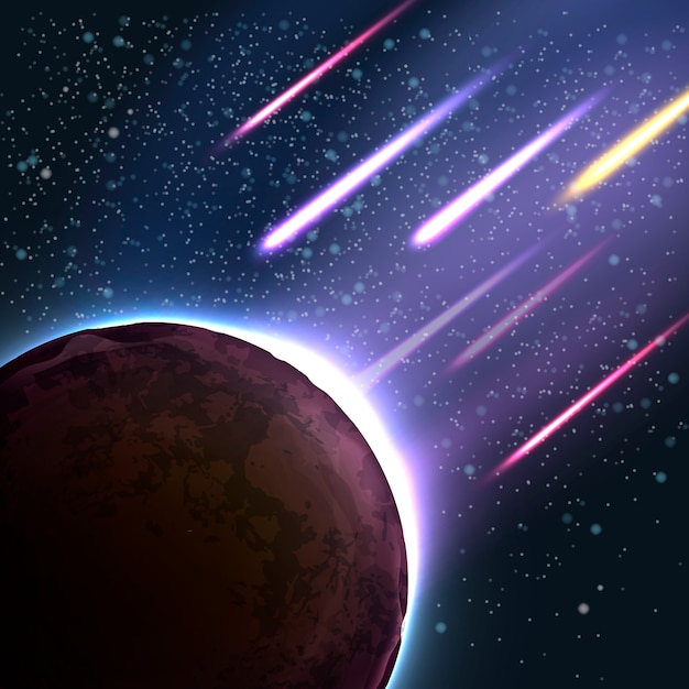 惑星の流星群のイラスト 落下する隕石 小惑星 彗星が大気圏に入ります 終末論的な背景 プレミアムベクター